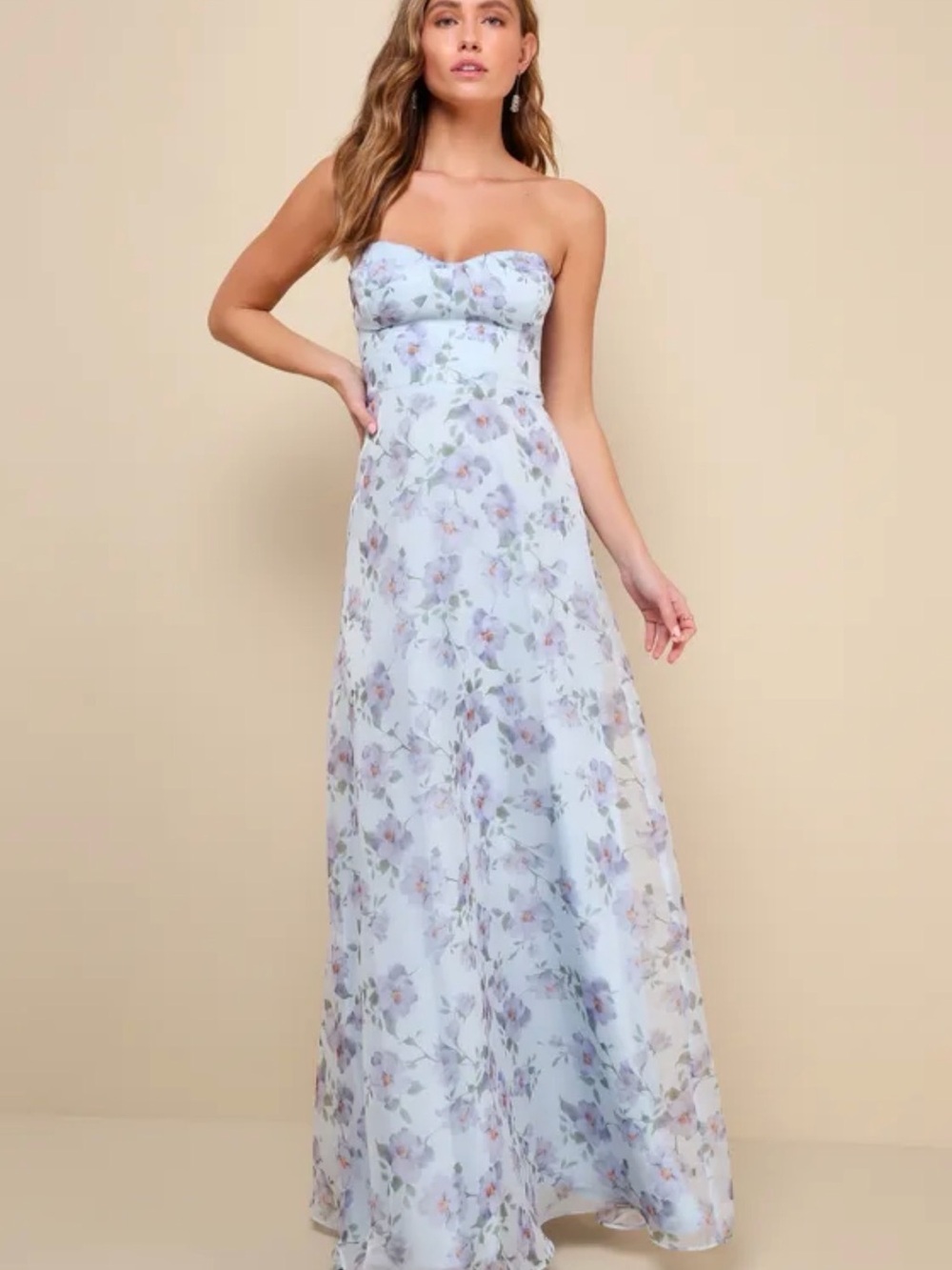 NWT Lulus Chic Preciousness light blue organza bustier Floral Print maxi dress M